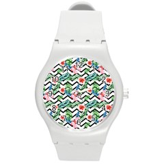 Zigzag Flowers Pattern Round Plastic Sport Watch (m) by goljakoff