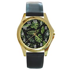 Green Leaves Round Gold Metal Watch by goljakoff