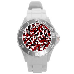 Camouflage Rouge/blanc Round Plastic Sport Watch (l) by kcreatif