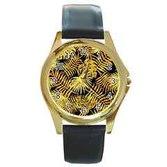 Gold Leaves Round Gold Metal Watch by goljakoff