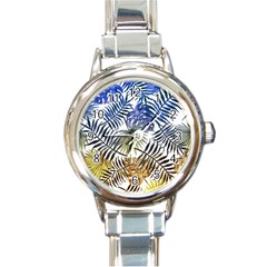 Blue And Yellow Tropical Leaves Round Italian Charm Watch by goljakoff