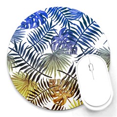 Blue And Yellow Tropical Leaves Round Mousepads by goljakoff