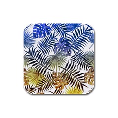 Blue And Yellow Tropical Leaves Rubber Square Coaster (4 Pack)  by goljakoff