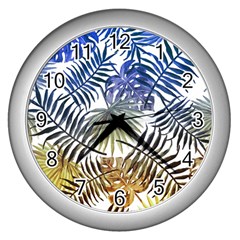 Blue And Yellow Tropical Leaves Wall Clock (silver) by goljakoff