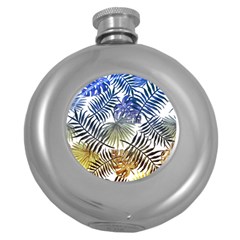 Blue And Yellow Tropical Leaves Round Hip Flask (5 Oz) by goljakoff