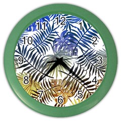 Blue And Yellow Tropical Leaves Color Wall Clock by goljakoff