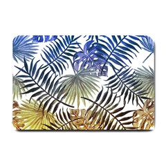 Blue And Yellow Tropical Leaves Small Doormat  by goljakoff