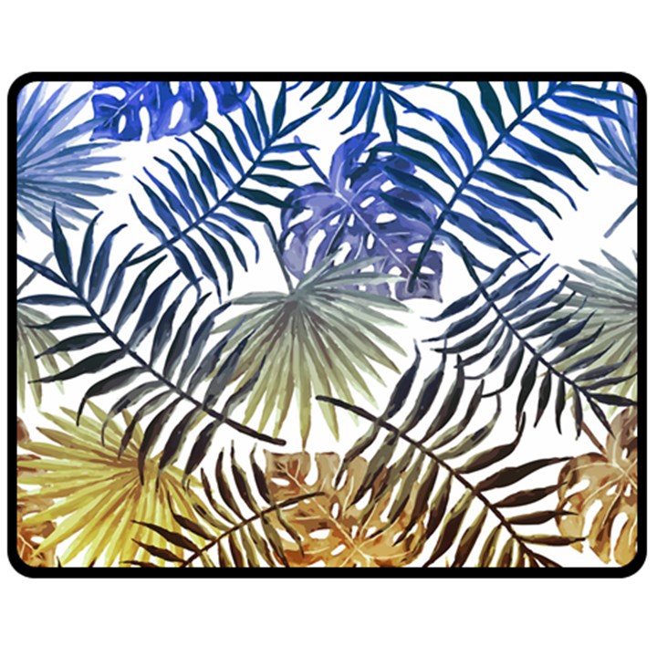 Blue and yellow tropical leaves Fleece Blanket (Medium) 