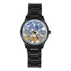 Blue And Yellow Tropical Leaves Stainless Steel Round Watch by goljakoff