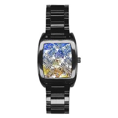 Blue And Yellow Tropical Leaves Stainless Steel Barrel Watch by goljakoff