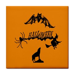 Happy Halloween Scary Funny Spooky Logo Witch On Broom Broomstick Spider Wolf Bat Black 8888 Black A Tile Coaster by HalloweenParty