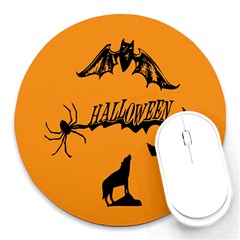 Happy Halloween Scary Funny Spooky Logo Witch On Broom Broomstick Spider Wolf Bat Black 8888 Black A Round Mousepads by HalloweenParty