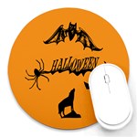 Happy Halloween Scary Funny Spooky Logo Witch On Broom Broomstick Spider Wolf Bat Black 8888 Black A Round Mousepads Front