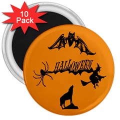 Happy Halloween Scary Funny Spooky Logo Witch On Broom Broomstick Spider Wolf Bat Black 8888 Black A 3  Magnets (10 Pack)  by HalloweenParty