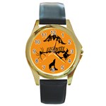 Happy Halloween Scary Funny Spooky Logo Witch On Broom Broomstick Spider Wolf Bat Black 8888 Black A Round Gold Metal Watch Front