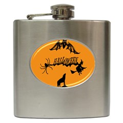 Happy Halloween Scary Funny Spooky Logo Witch On Broom Broomstick Spider Wolf Bat Black 8888 Black A Hip Flask (6 Oz) by HalloweenParty