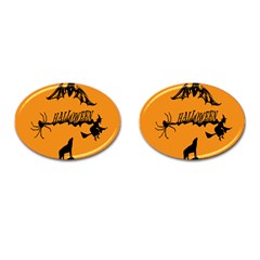 Happy Halloween Scary Funny Spooky Logo Witch On Broom Broomstick Spider Wolf Bat Black 8888 Black A Cufflinks (oval) by HalloweenParty