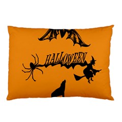 Happy Halloween Scary Funny Spooky Logo Witch On Broom Broomstick Spider Wolf Bat Black 8888 Black A Pillow Case (two Sides) by HalloweenParty