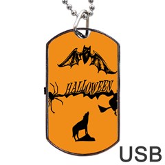 Happy Halloween Scary Funny Spooky Logo Witch On Broom Broomstick Spider Wolf Bat Black 8888 Black A Dog Tag Usb Flash (one Side) by HalloweenParty