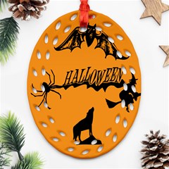 Happy Halloween Scary Funny Spooky Logo Witch On Broom Broomstick Spider Wolf Bat Black 8888 Black A Ornament (oval Filigree)