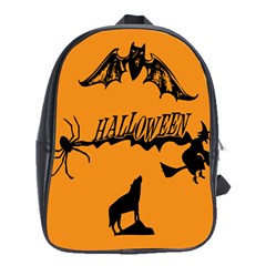 Happy Halloween Scary Funny Spooky Logo Witch On Broom Broomstick Spider Wolf Bat Black 8888 Black A School Bag (xl) by HalloweenParty