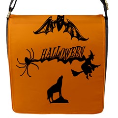 Happy Halloween Scary Funny Spooky Logo Witch On Broom Broomstick Spider Wolf Bat Black 8888 Black A Flap Closure Messenger Bag (s) by HalloweenParty