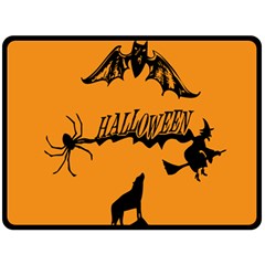 Happy Halloween Scary Funny Spooky Logo Witch On Broom Broomstick Spider Wolf Bat Black 8888 Black A Double Sided Fleece Blanket (large)  by HalloweenParty