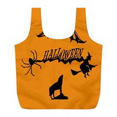 Happy Halloween Scary Funny Spooky Logo Witch On Broom Broomstick Spider Wolf Bat Black 8888 Black A Full Print Recycle Bag (l) by HalloweenParty