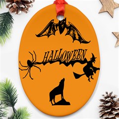 Happy Halloween Scary Funny Spooky Logo Witch On Broom Broomstick Spider Wolf Bat Black 8888 Black A Ornament (oval)