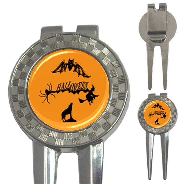 Happy Halloween Scary Funny Spooky Logo Witch On Broom Broomstick Spider Wolf Bat Black 8888 Black A 3-in-1 Golf Divots