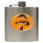 Happy Halloween Scary Funny Spooky Logo Witch On Broom Broomstick Spider Wolf Bat Black 8888 Black A Hip Flask (6 oz) Front