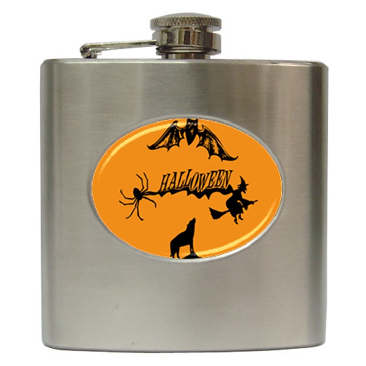 Happy Halloween Scary Funny Spooky Logo Witch On Broom Broomstick Spider Wolf Bat Black 8888 Black A Hip Flask (6 oz)