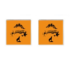 Happy Halloween Scary Funny Spooky Logo Witch On Broom Broomstick Spider Wolf Bat Black 8888 Black A Cufflinks (square) by HalloweenParty