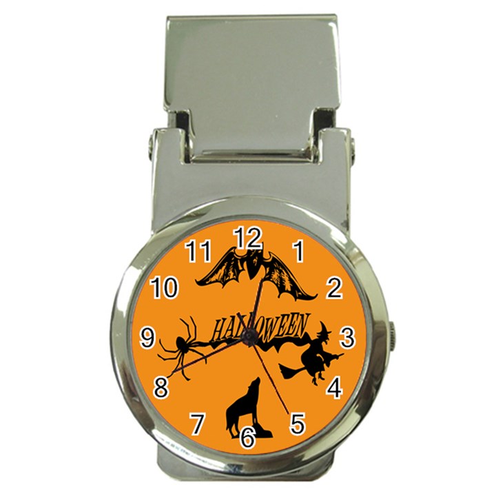 Happy Halloween Scary Funny Spooky Logo Witch On Broom Broomstick Spider Wolf Bat Black 8888 Black A Money Clip Watches