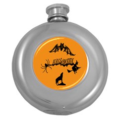 Happy Halloween Scary Funny Spooky Logo Witch On Broom Broomstick Spider Wolf Bat Black 8888 Black A Round Hip Flask (5 Oz) by HalloweenParty