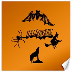 Happy Halloween Scary Funny Spooky Logo Witch On Broom Broomstick Spider Wolf Bat Black 8888 Black A Canvas 12  X 12  by HalloweenParty