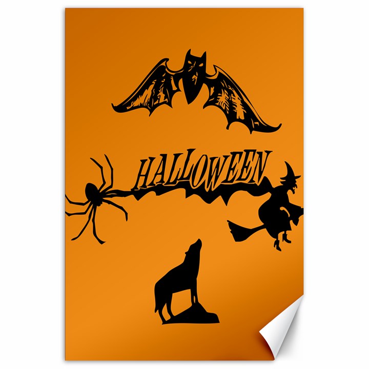 Happy Halloween Scary Funny Spooky Logo Witch On Broom Broomstick Spider Wolf Bat Black 8888 Black A Canvas 20  x 30 