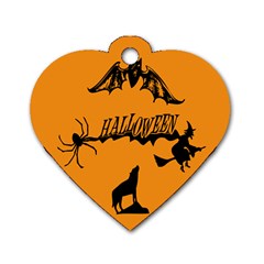 Happy Halloween Scary Funny Spooky Logo Witch On Broom Broomstick Spider Wolf Bat Black 8888 Black A Dog Tag Heart (two Sides) by HalloweenParty