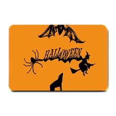 Happy Halloween Scary Funny Spooky Logo Witch On Broom Broomstick Spider Wolf Bat Black 8888 Black A Small Doormat  by HalloweenParty