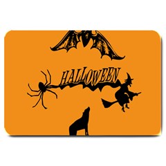 Happy Halloween Scary Funny Spooky Logo Witch On Broom Broomstick Spider Wolf Bat Black 8888 Black A Large Doormat  by HalloweenParty