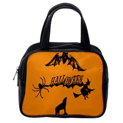 Happy Halloween Scary Funny Spooky Logo Witch On Broom Broomstick Spider Wolf Bat Black 8888 Black A Classic Handbag (one Side) by HalloweenParty