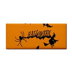 Happy Halloween Scary Funny Spooky Logo Witch On Broom Broomstick Spider Wolf Bat Black 8888 Black A Hand Towel by HalloweenParty