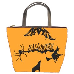 Happy Halloween Scary Funny Spooky Logo Witch On Broom Broomstick Spider Wolf Bat Black 8888 Black A Bucket Bag by HalloweenParty