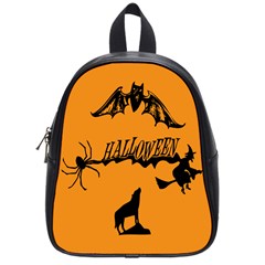 Happy Halloween Scary Funny Spooky Logo Witch On Broom Broomstick Spider Wolf Bat Black 8888 Black A School Bag (small) by HalloweenParty