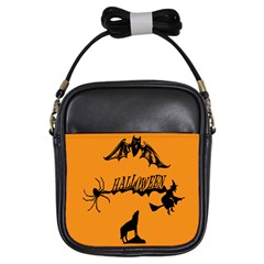 Happy Halloween Scary Funny Spooky Logo Witch On Broom Broomstick Spider Wolf Bat Black 8888 Black A Girls Sling Bag by HalloweenParty