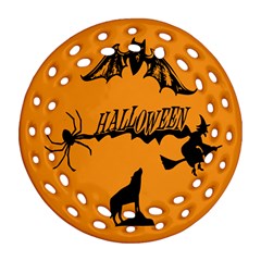 Happy Halloween Scary Funny Spooky Logo Witch On Broom Broomstick Spider Wolf Bat Black 8888 Black A Round Filigree Ornament (two Sides) by HalloweenParty