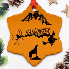 Happy Halloween Scary Funny Spooky Logo Witch On Broom Broomstick Spider Wolf Bat Black 8888 Black A Snowflake Ornament (two Sides)