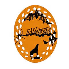 Happy Halloween Scary Funny Spooky Logo Witch On Broom Broomstick Spider Wolf Bat Black 8888 Black A Ornament (oval Filigree)