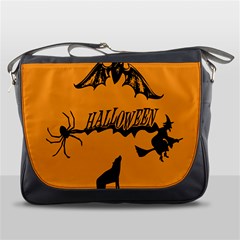 Happy Halloween Scary Funny Spooky Logo Witch On Broom Broomstick Spider Wolf Bat Black 8888 Black A Messenger Bag by HalloweenParty