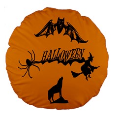 Happy Halloween Scary Funny Spooky Logo Witch On Broom Broomstick Spider Wolf Bat Black 8888 Black A Large 18  Premium Round Cushions by HalloweenParty